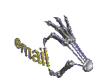 An animated looping GIF of a skeletal hand holding onto the word 'email' by the L, moving it up and down and bending it.